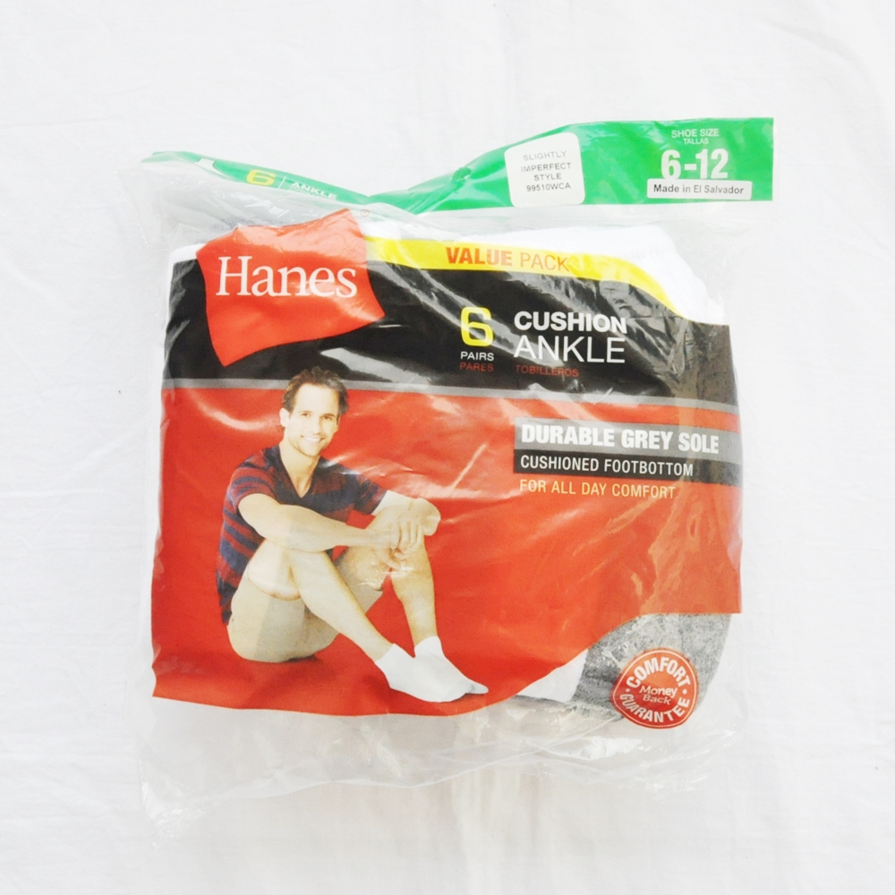 HANES/ヘインズ 6 VALUE PACK CUSHION ANKLE SOCKS WHITE GREY SOLE  6-12