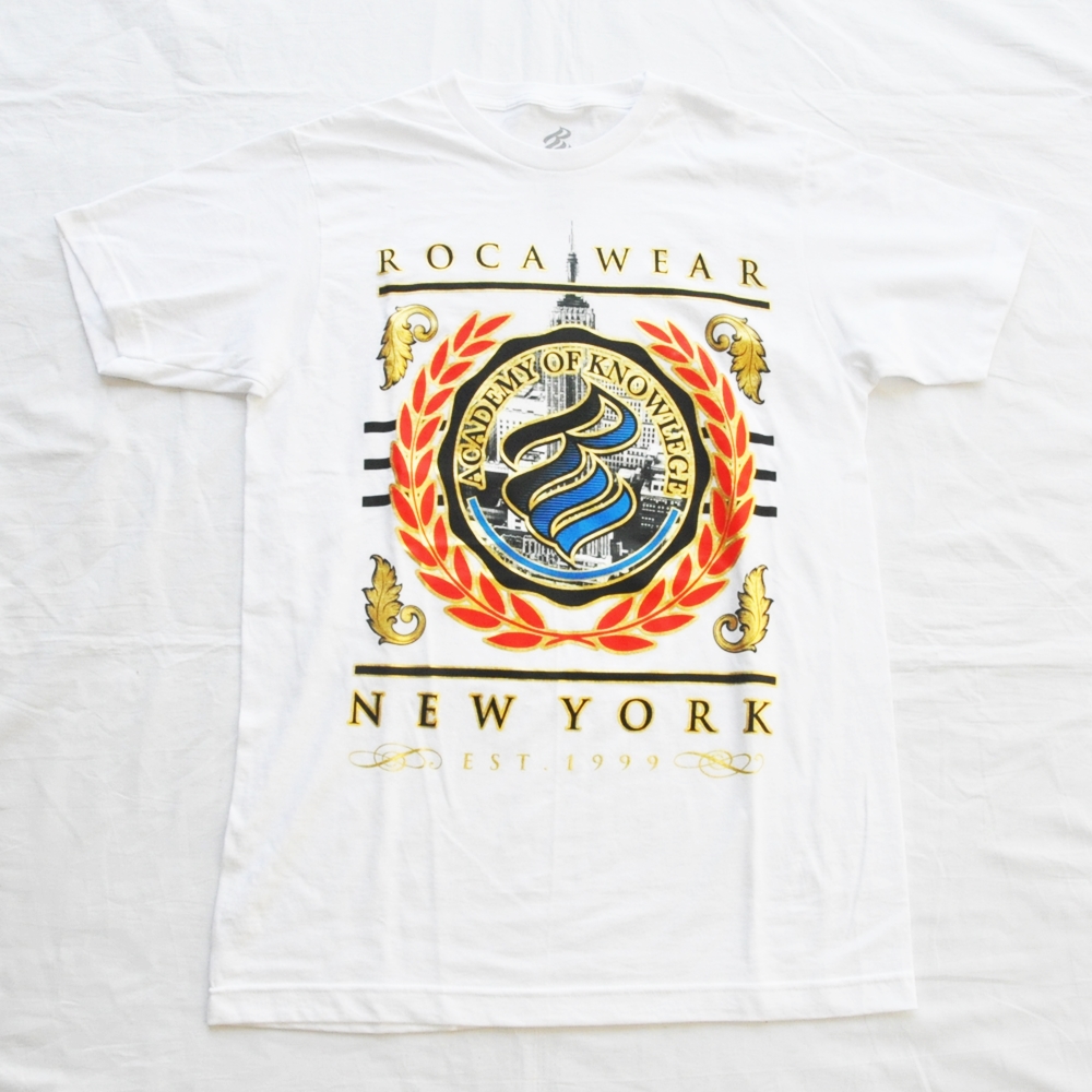 ROCAWEAR/ロカウェア NEW YORK ACADEMY OF KNOWLEGE LOGO T-SHIRT WHITE DEAD STOCK M,L,XL