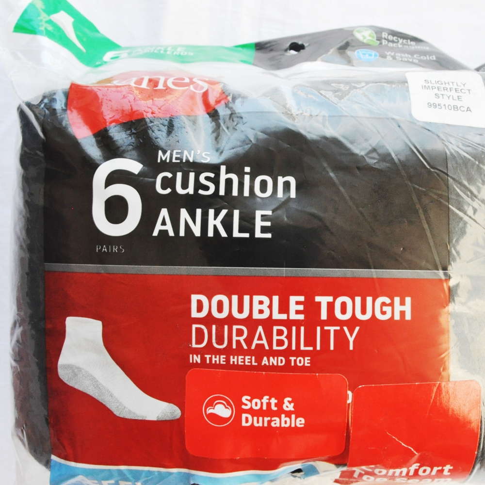 HANES/ヘインズ 6 VALUE PACK CUSHION ANKLE SOCKS DOUBLE TOUGH DURABILITY GREY SOLE BLACK 6-12-4