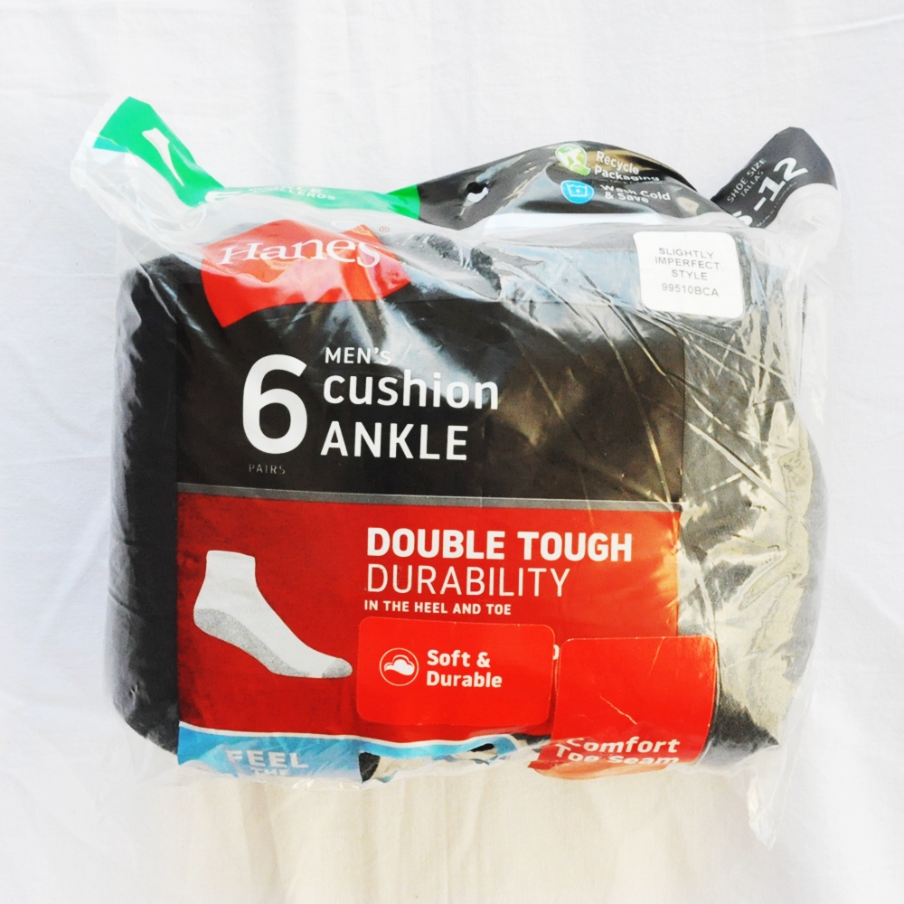 HANES/ヘインズ 6 VALUE PACK CUSHION ANKLE SOCKS DOUBLE TOUGH DURABILITY GREY SOLE BLACK 6-12