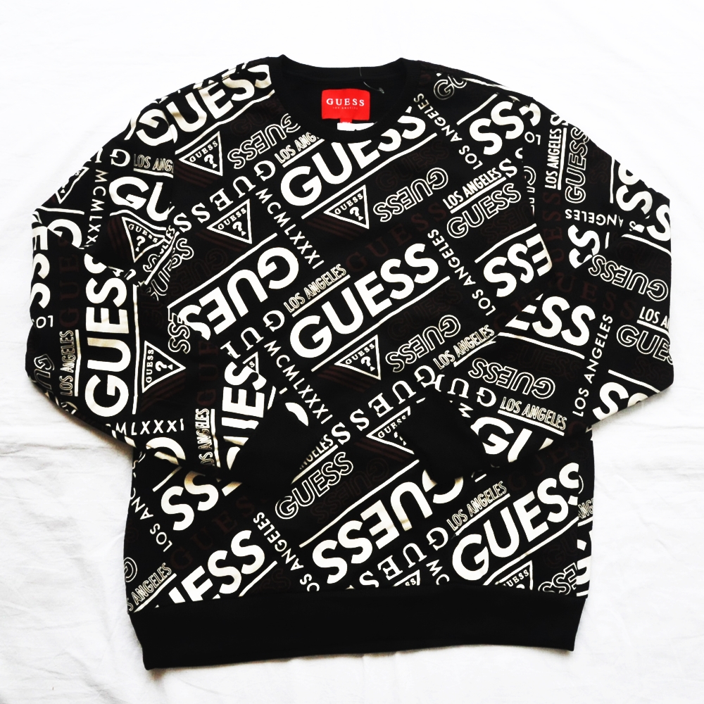 GUESS / ゲス 総柄プリントクルーネックスウェット ブラック