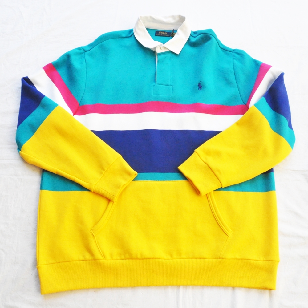 POLO RALPH LAUREN / ポロラルローレン MULTICOLOR BORDER ONE POINT LOGO RUGBY SWEAT SHIRT BIG SIZE