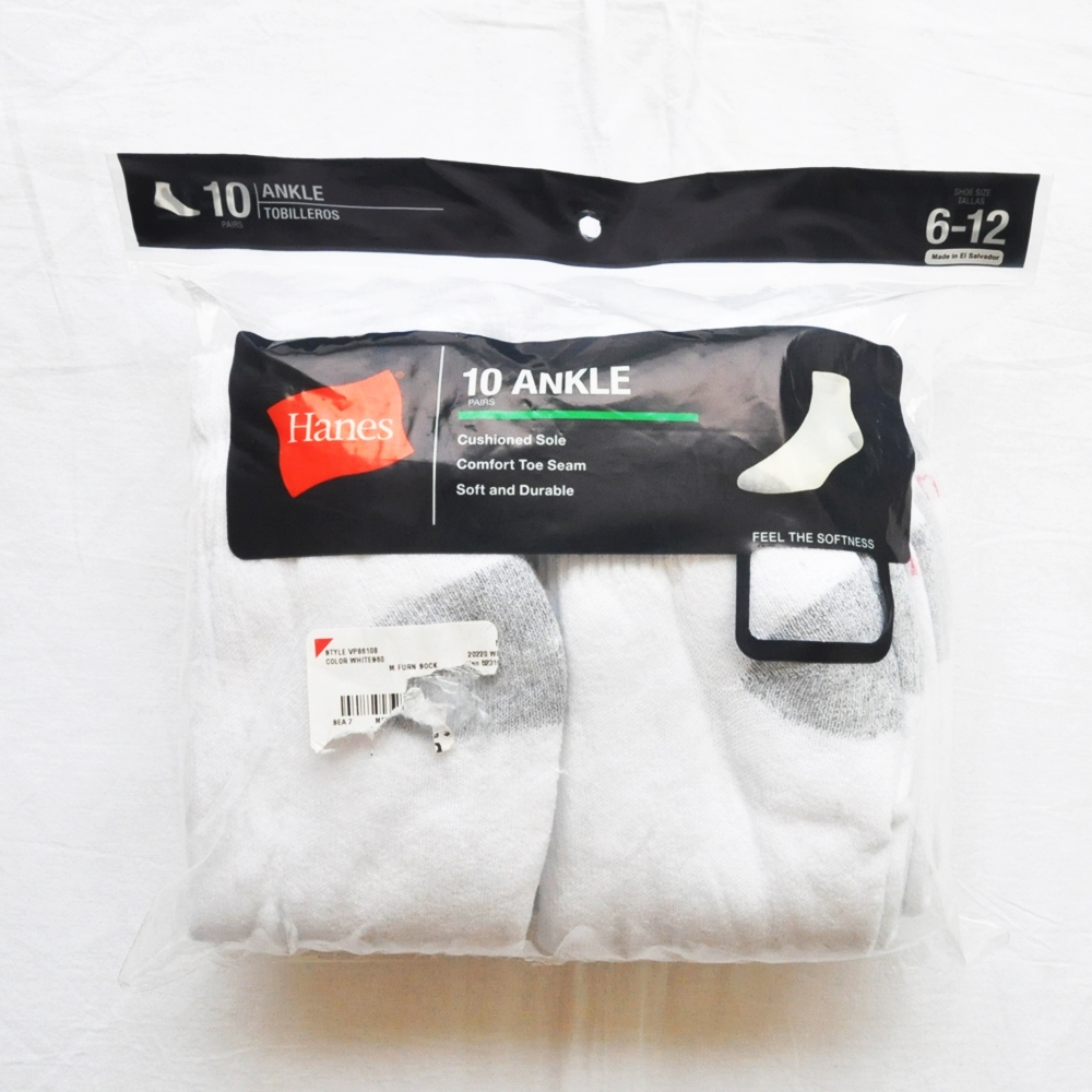 HANES / ヘインズ 10 VALUE PACK CUSHION ANKLE SOCKS WHITE 6-12