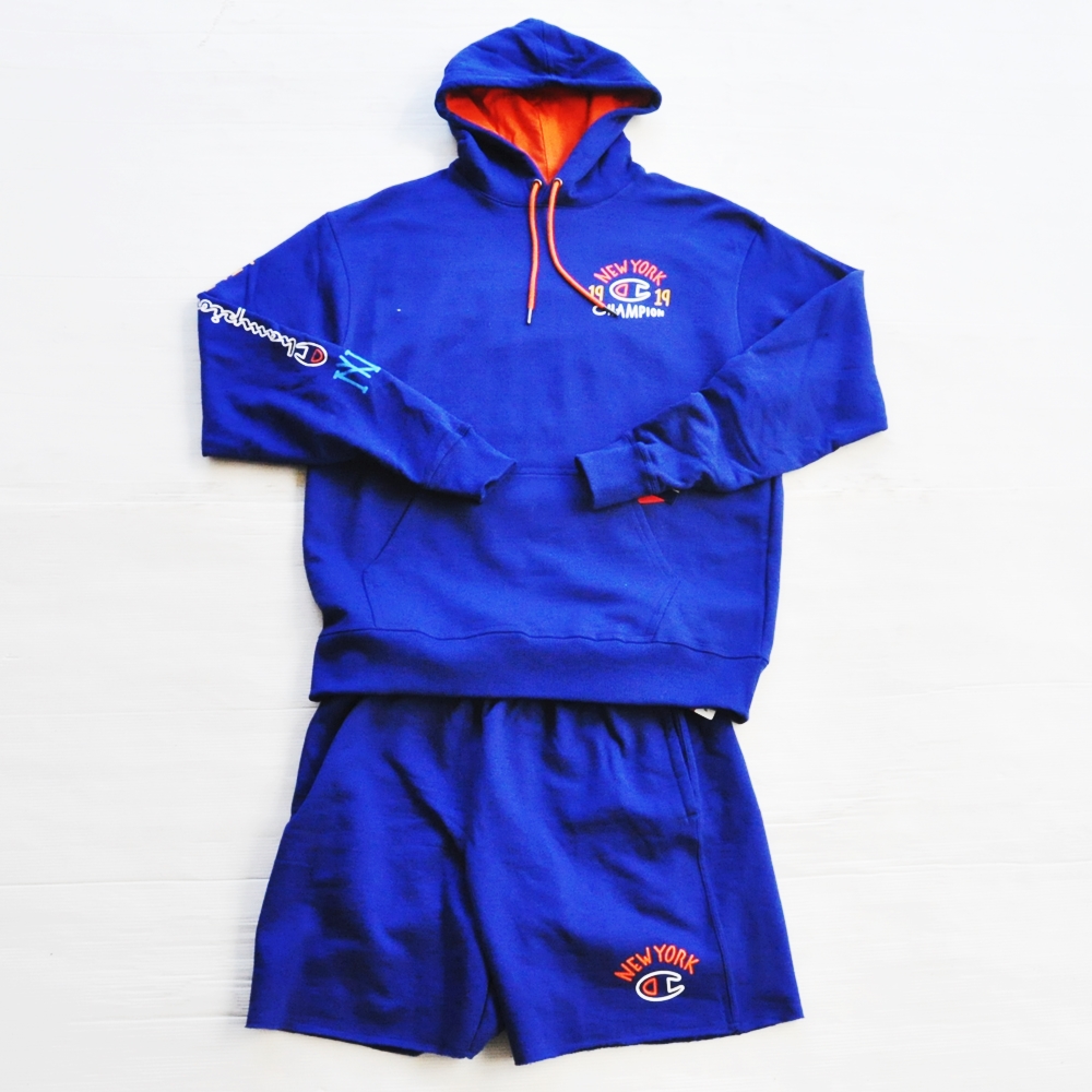 CHAMPION / チャンピオン AUTHENTIC NEW YORK PULLOVER SWEAT HOODIE & SWEAT SHORTS SET UP BLUE