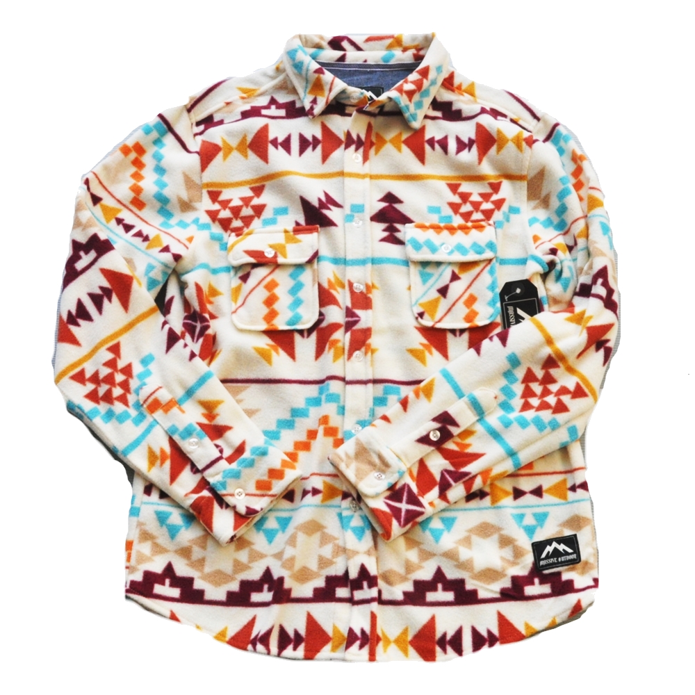 MASSIVE OUTDOOR / NATIVE PATTERN FLEECE LONG SLEEVE SHIRT WHITE