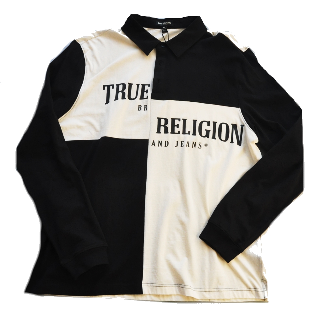 TRUE RELIGION / トゥルー レリジョン TRUE RELIGION SPLIT LOGO RUGBY SHIRT BLACK×WHITE BIG SIZE