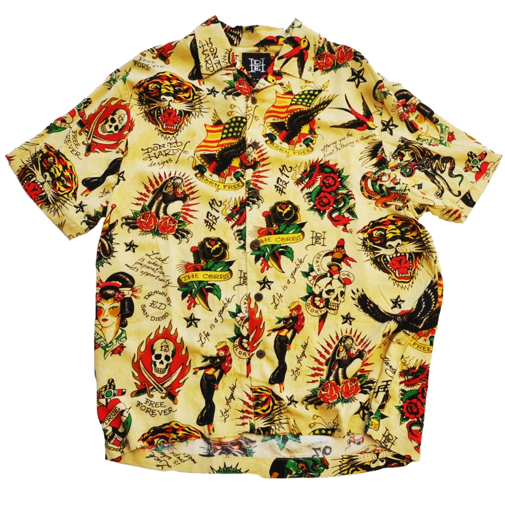 ED HARDY / エドハーディー JAPAN TATTO WHOLE PATTERN HAWAIIAN SHIRT M.L.XL