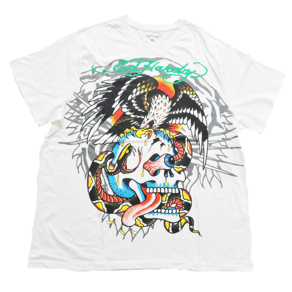 ED HARDY / エドハーディー SKULL & SNAKE & EAGLE  FLASH TATTO T-SHIRT WHITE M～XL