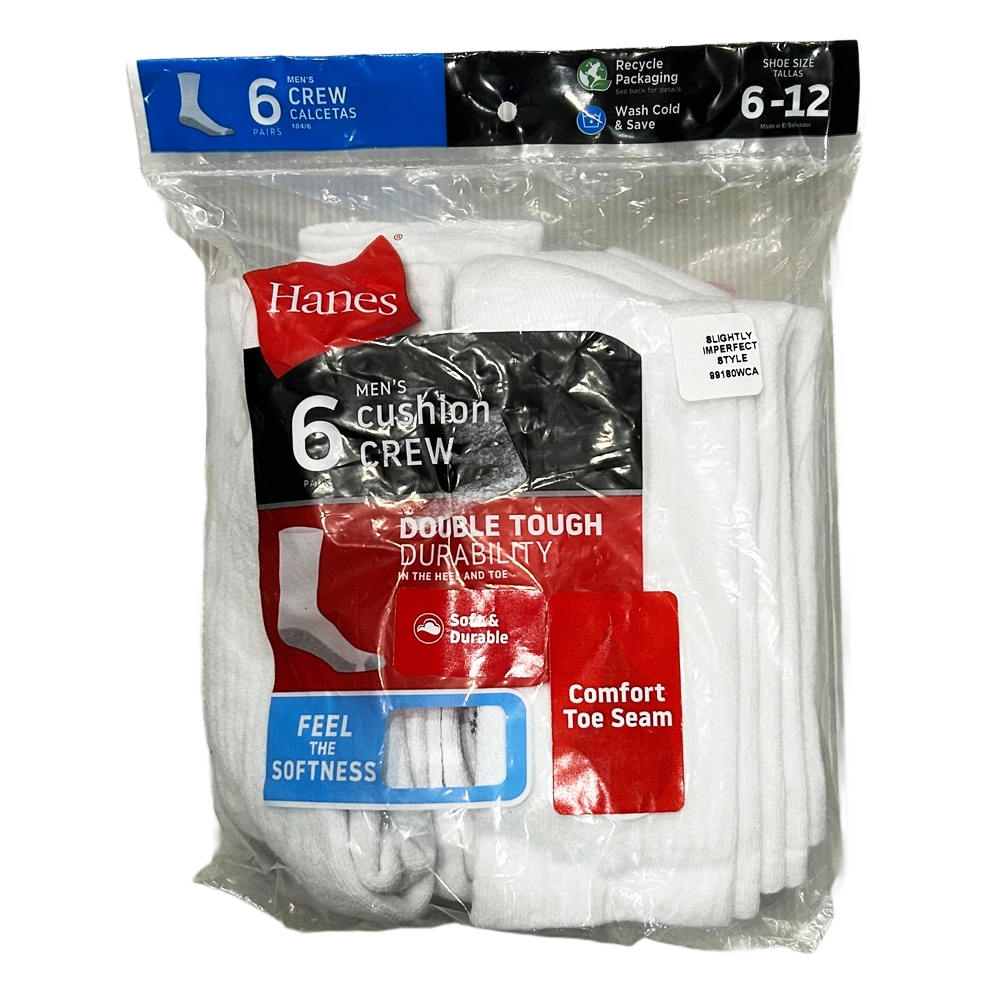 HANES / ヘインズ 6 VALUE PACK CUSHION CREW DOUBLE TOUGH DURABILITY SOCKS WHITE