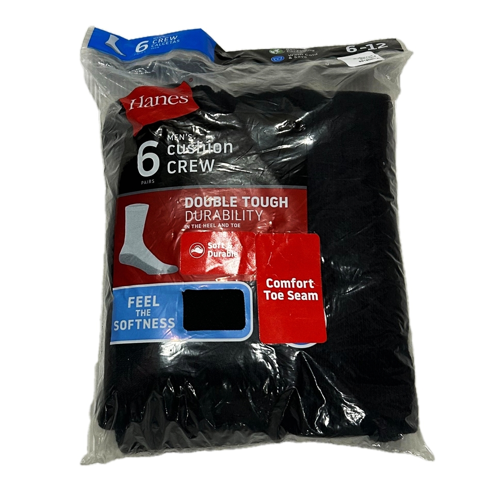 HANES / ヘインズ 6 VALUE PACK CUSHION CREW DOUBLE TOUGH DURABILITY SOCKS BLACK