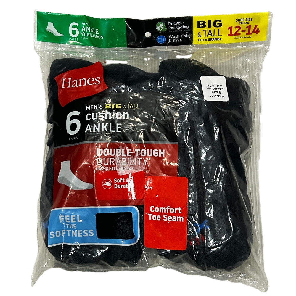 HANES / ヘインズ 6 VALUE PACK CUSHION ANKLE SOCKS DOUBLE TOUGH DURABILITY GREY SOLE BLACK BIG&TALL 12-14