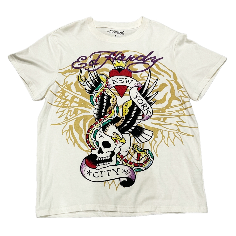 ED HARDY / エドハーディー ZIRCONIA NEW YORK CITY T-SHIRT WHITE L