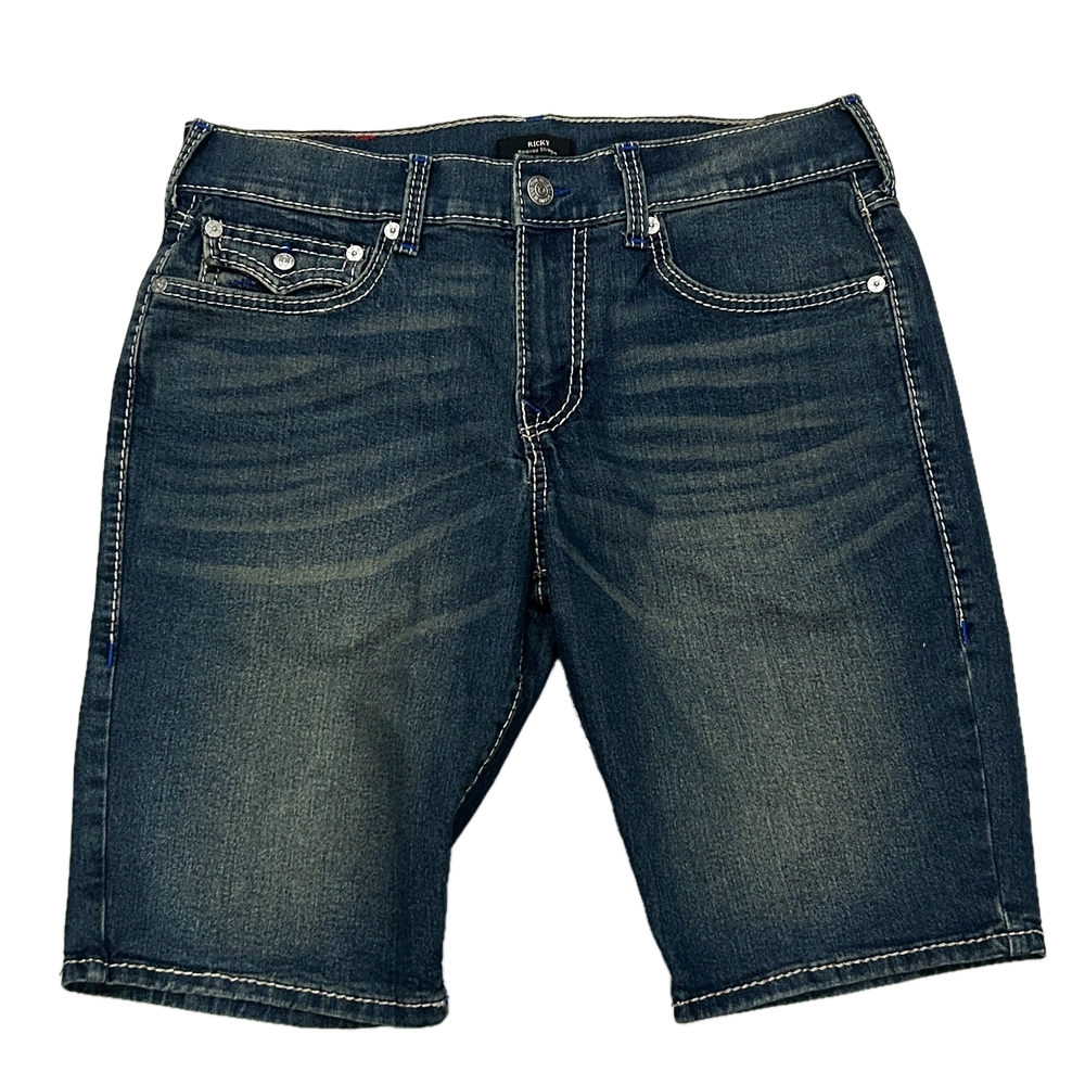 TRUE RELIGION / トゥルー レリジョン RICKY FLAP RELAXED STRAIGHT SHORT MEDIUM BLUE COMET WASH W34