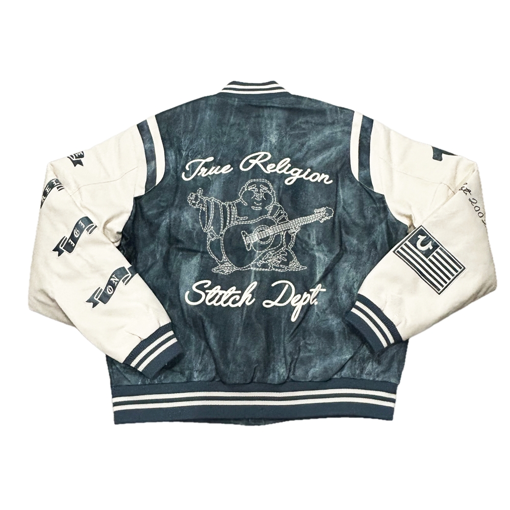TRUE RELIGION / トゥルー レリジョン DENIM PRINT RETRO VARSITY JACKET L,XL